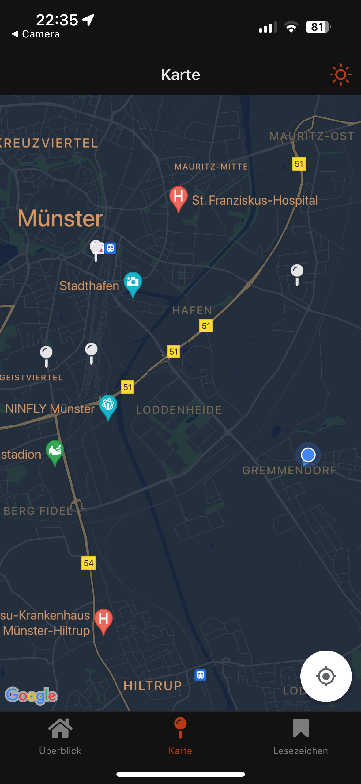 Die Kartenansicht der Hin und Weg App.